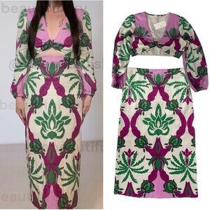 SET Caroline Constas Linen Blend Long Sleeve Crop Top & Midi Skirt Palm Tropical